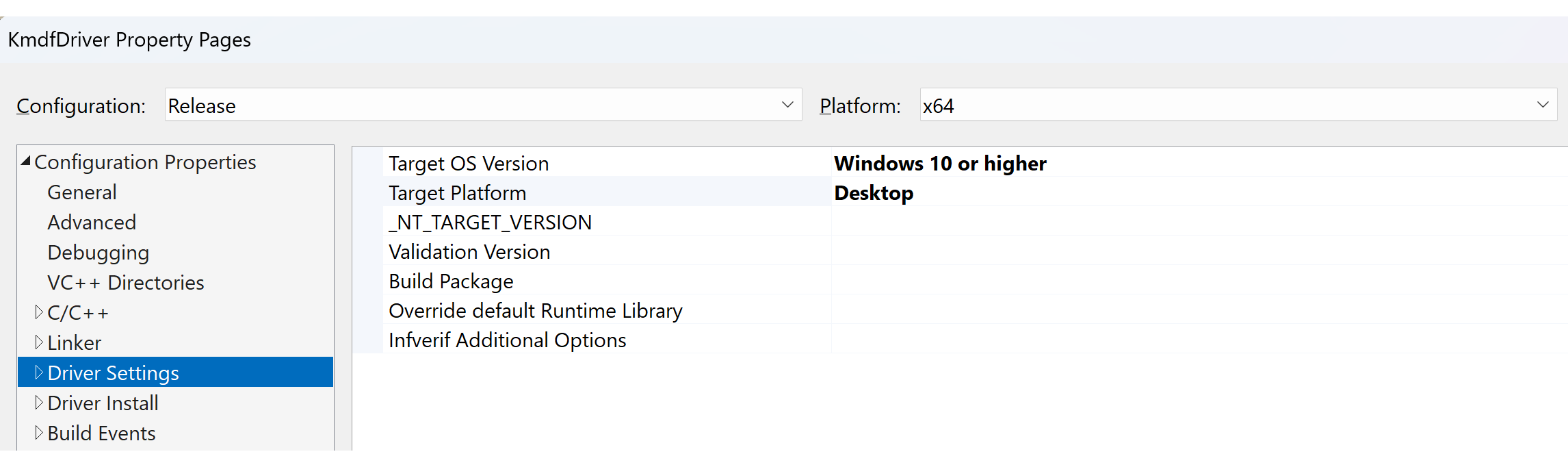 Visual Studio KMDF 驱动程序设置。