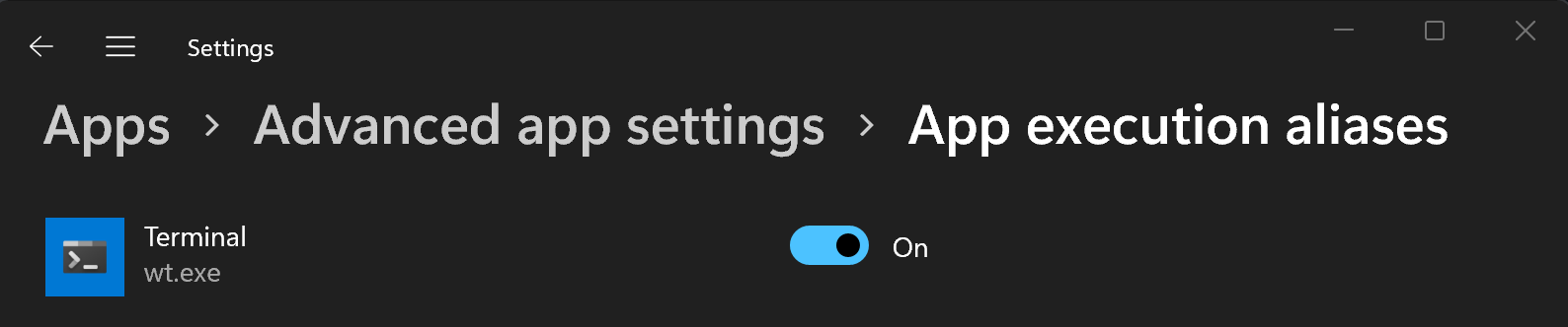 应用执行别名的 Windows 设置
