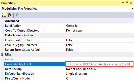 属性窗口的屏幕截图,其中突出显示了“兼容级别”选项及其SQL Server 2019/Azure Analysis Services (1500) 设置。