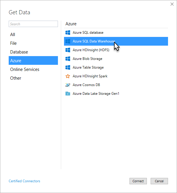 “获取数据”对话框的屏幕截图,其中“Azure”和“Azure SQL Data Warehouse”选项处于高位且处于选中状态。