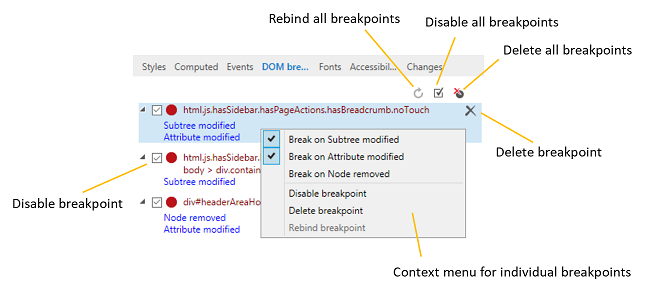 DOM breakpoints pane