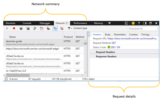 The Microsoft Edge  DevTools Network panel
