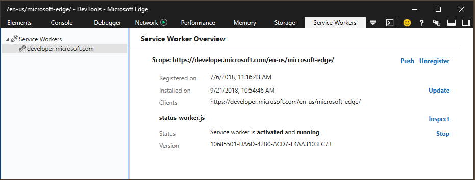 Service Worker Overview pane