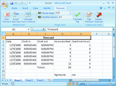 Figure 11 A Custom Timecard Ribbon Tab