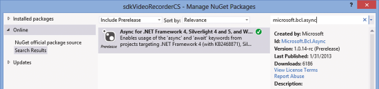 Find the Async NuGet Package for Windows Phone 7.5 by Searching for “microsoft.bcl.async”