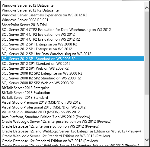SQL Server VM 映像列表