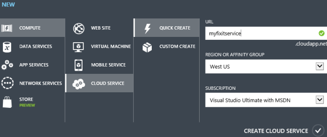 显示用于创建新的 Azure 云服务项目的 Azure 云服务门户和多个选项卡及其可用选项的示意图