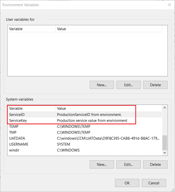 屏幕截图显示了环境变量编辑器，其中突出显示了 ServiceID 和 ServiceKey 变量。