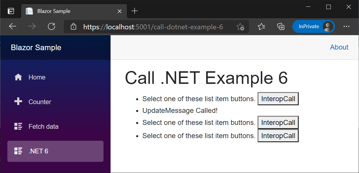 呈现的“CallDotNetExample6”组件示例