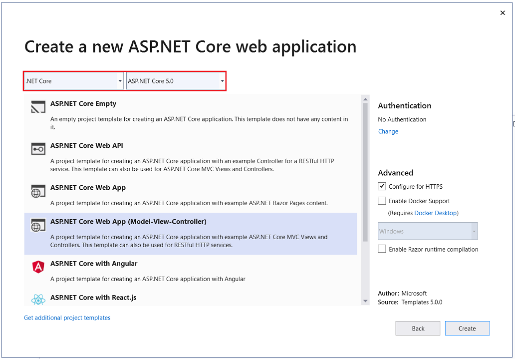 新的 ASP.NET Core 项目对话框