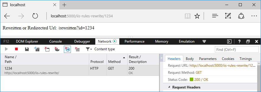 Add IIS URL rewrite: Browser window with developer tools tracking the request and response