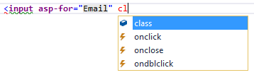 用户键入“cl”将属性添加到“input”元素。IntelliSense 提供已完成建议的列表，其中选择了“类”。