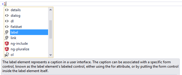 用户在键盘上键入“l”。IntelliSense 建议 HTML 元素完成并选中“标签”。