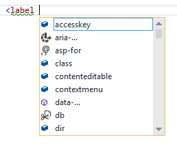 用户已键入左括号和 HTML 元素名称“label”。IntelliSense 提供了可能的属性列表， (未预选) 。