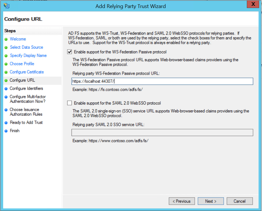 添加信赖方信任向导：配置 URL