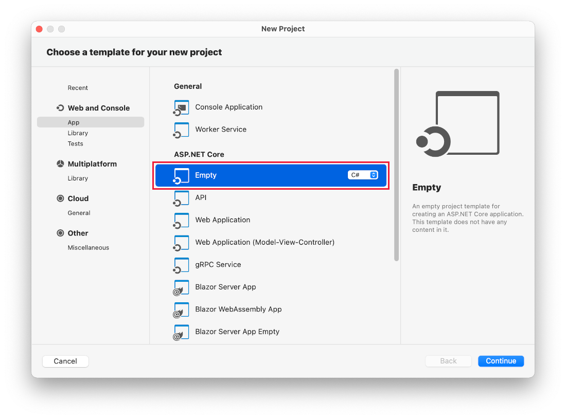 Visual Studio for Mac Create a new project