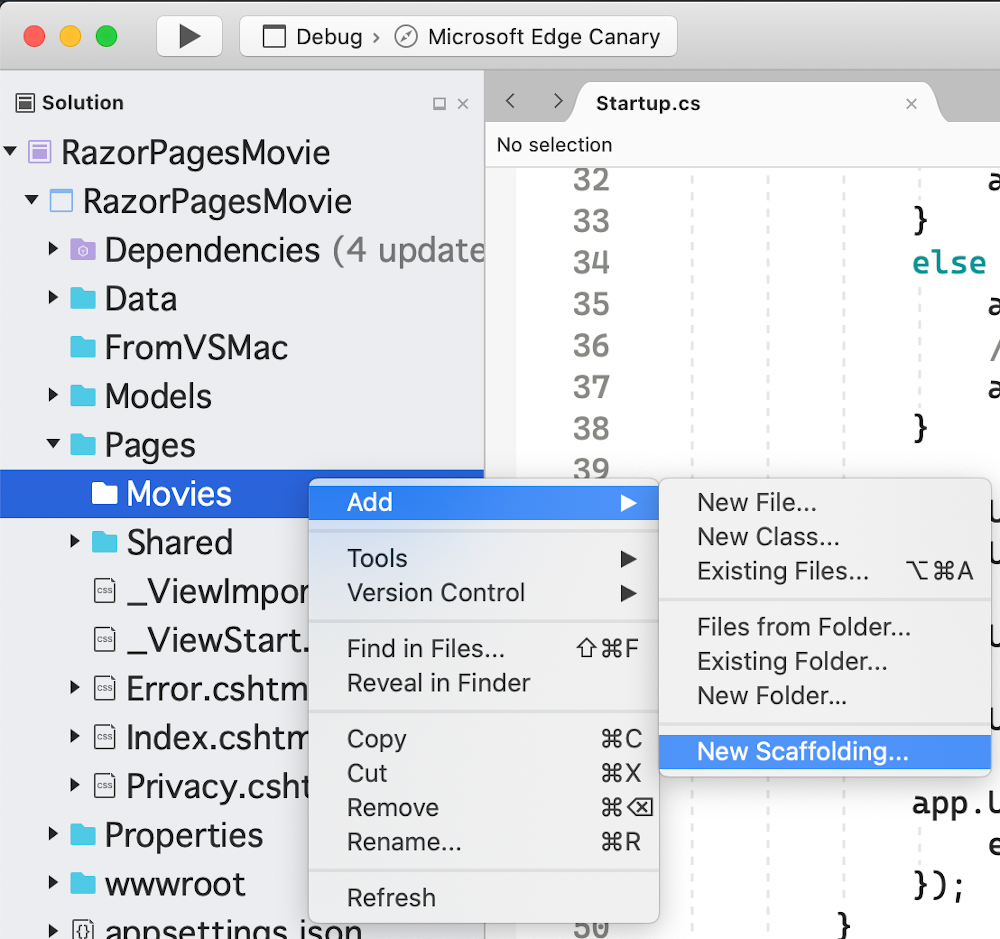 Visual Studio for Mac 上的新基架