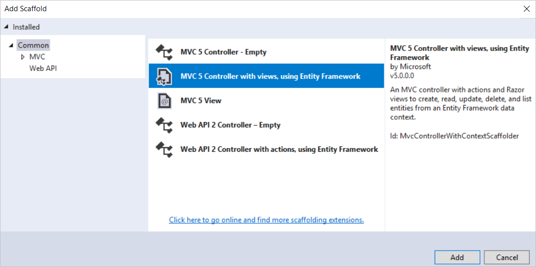 Visual Studio 中的“添加基架”对话框