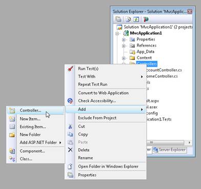Visual Studio 解决方案资源管理器窗口的屏幕截图，其中显示了右键单击菜单中的“添加”和“控制器”选项。