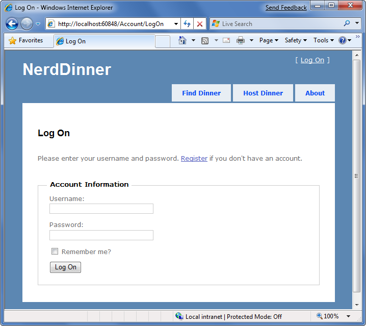 “书呆子晚餐登录”页的屏幕截图。