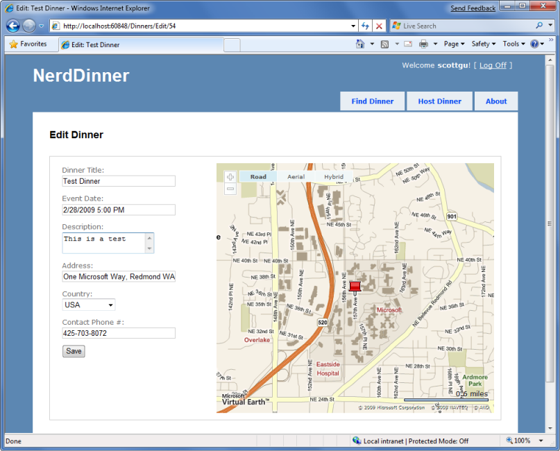 Nerd Dinners 页面上地图的屏幕截图。