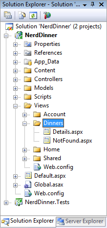 解决方案资源管理器窗口的屏幕截图，其中显示了文件夹层次结构，其中以蓝色突出显示了 Dinners 文件夹。