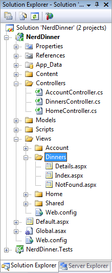 解决方案资源管理器窗口的屏幕截图，其中显示了文件夹层次结构，蓝色矩形中突出显示了 Dinners 文件夹。
