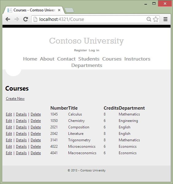 显示“课程索引”页的屏幕截图。课程列表显示了修订后的信用额度。