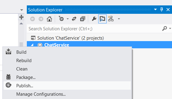 解决方案资源管理器屏幕的聊天服务项目的屏幕截图，其中右键单击下拉菜单显示了“发布...”选项。