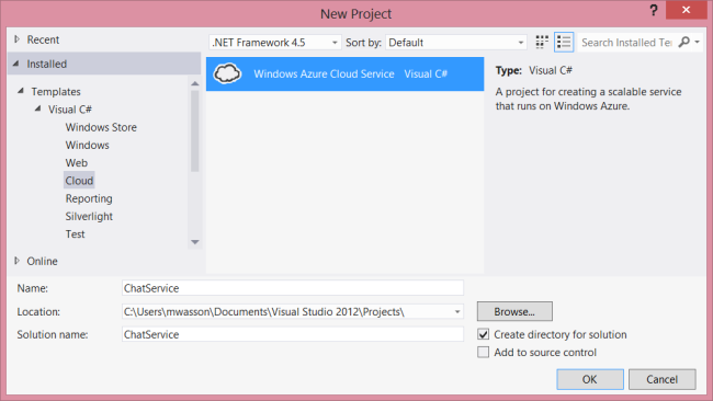 “新建项目”屏幕的屏幕截图，其中突出显示了 Windows Azure 云服务 Visual C # 选项。