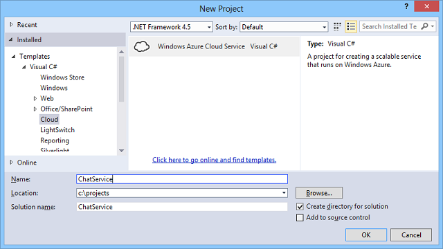 显示“新建项目”对话框的屏幕截图。在 Office Share Point 文件夹中选择了“云”。聊天服务位于“名称”字段中。