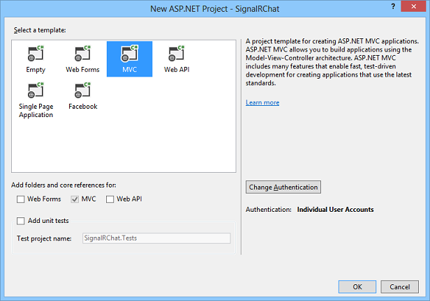 显示“新建 A S P 点 NET 项目”对话框的屏幕截图。M V C 是所选模板。