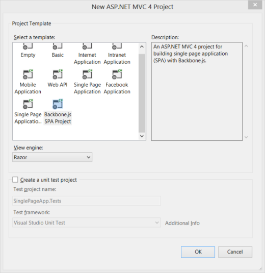 显示“新建 A S P 点 NET M V C 4 项目”对话框的屏幕截图。选择了主干点 j s S P A 项目模板。