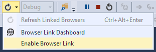 Visual Studio 的屏幕截图，其中“浏览器链接”下拉菜单中显示并取消选中了“启用浏览器链接”。