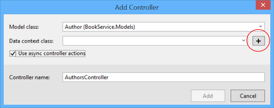 “添加控制器”对话框的屏幕截图，其中显示加号按钮以红色圈出，并在“模型类”下拉列表中选择了“作者”类。