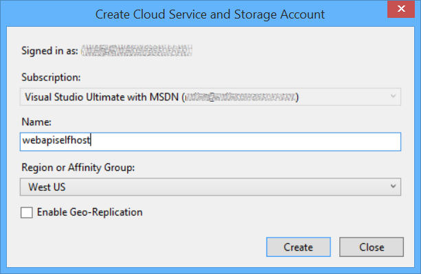 “创建云服务和存储帐户”对话框的屏幕截图，请求用户输入其应用程序服务的名称和区域。