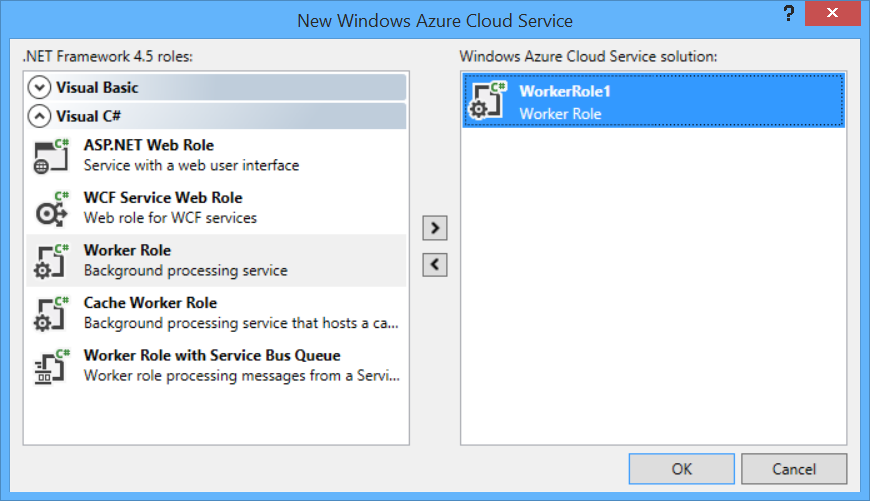 “新建 Windows Azure 云服务”对话框的屏幕截图，其中显示了用于创建辅助角色的菜单选项。