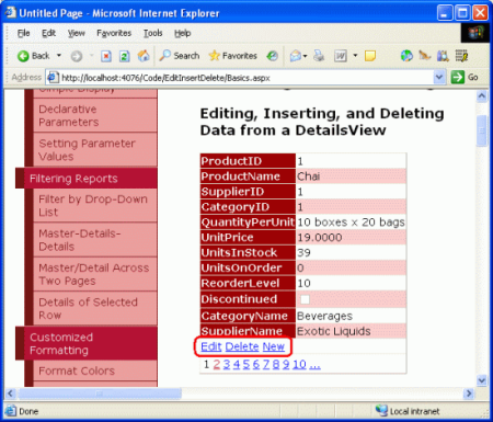 DetailsView 的屏幕截图，其中 CommandField 显示为带有“插入”、“编辑”和“删除”按钮的底部行。