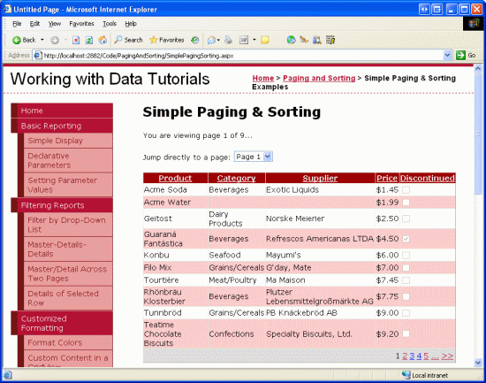 “简单分页 & 排序”页上“使用数据教程”的屏幕截图，其中显示了按“价格”列升序排序的结果。