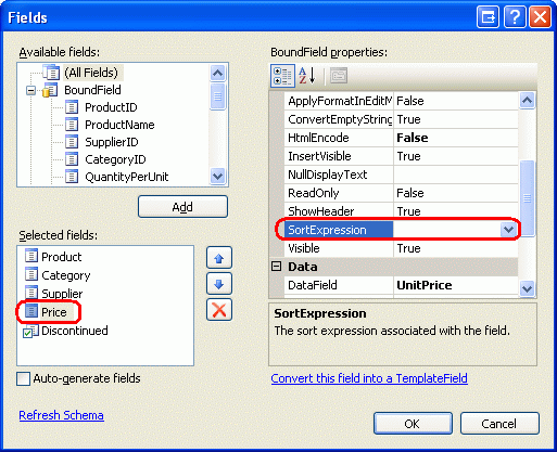 “字段”窗口的屏幕截图，其中选择了字段“价格”并突出显示了“SortExpression”属性。