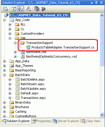 添加名为 TransactionSupport 的文件夹和名为 ProductsTableAdapter.TransactionSupport.cs 的类文件
