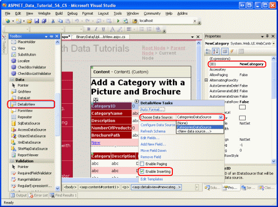 DetailsView 的屏幕截图，其中 CategoryID 属性设置为 NewCategory，Height 和 Width 属性值为空，并且选中了“启用插入”复选框。