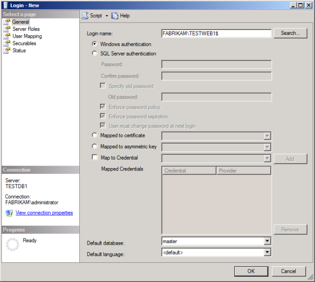 在“登录名 - 新建”对话框的“登录名”框中，键入 Web 服务器计算机帐户的名称 (例如 FABRIKAM\TESTWEB1$) 。