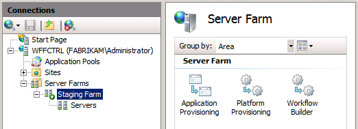 在 IIS 管理器的“连接”窗格中，选择服务器场。
