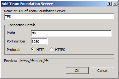 在“添加 Team Foundation Server”对话框中，提供 TFS 实例的详细信息，然后单击“确定”。