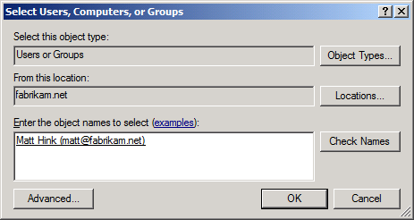 在“选择用户、计算机或组”对话框中，键入要添加到团队项目的用户的用户名，单击“检查名称”，然后单击“确定”。