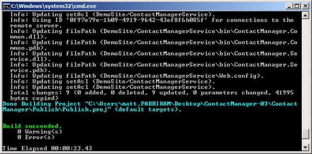 如果配置设置和测试服务器已正确设置，则当 MSBuild 处理完项目文件时，命令提示符窗口将显示“生成成功”消息。