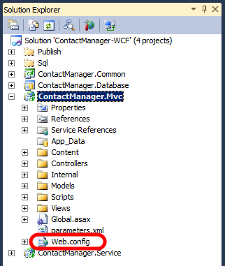 ContactManager.Mvc 项目包括两个web.config文件。需要编辑项目级文件。