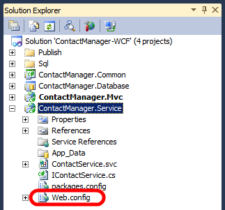 在解决方案资源管理器窗口中，展开 ContactManager.Service 项目，然后双击Web.config节点。