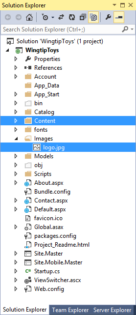 “解决方案资源管理器”窗口的屏幕截图，其中打开了“图像”文件夹，其中包含名为logo.jpg的已更新项目文件。